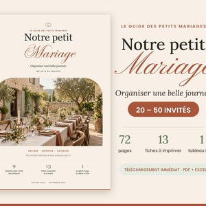 Peut inclure: Un guide numérique intitulé Notre petit Mariage illustré par une photographie de table de mariage en extérieur. Le document comprend 72 pages, 13 fiches à imprimer et 1 tableau Excel pour organiser des événements de 20 à 50 invités, sur fond beige.