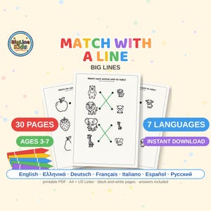 Matching Worksheets for Kids 3-7, Big Lines Match with a Line, 7 Languages (PDF Download)