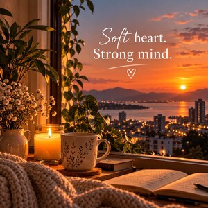 Soft Heart Strong Mind Glass Wall Art, Coffee and Candle by City Sunset Window, Inspirational Quote Print, Peaceful Bedroom Home Office Gift