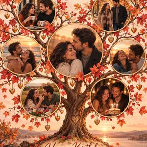 Personalized Birthday Photo Collage, Romantic Couple Gift, Autumn Maple Love Tree Wall Art, Custom Fall Memory Print, Birthday Gift for Her