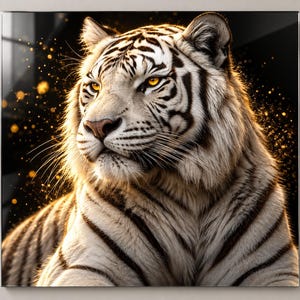 Könnte beinhalten: Ein quadratischer Wandkunstdruck, der einen weißen Tiger mit schwarzen Streifen und stechenden bernsteinfarbenen Augen zeigt. Der Tiger ist vor einem dunklen Hintergrund positioniert, der mit leuchtenden goldenen Partikeln gefüllt ist.