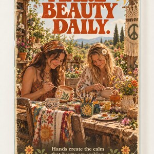 Könnte beinhalten: Ein rechteckiges Poster mit dem Text "MAKE BEAUTY DAILY." oben und "Hands create the calm that hearts are seeking." unten. Das Bild zeigt zwei Personen, die im Freien an einem Holztisch Keramik bemalen.
