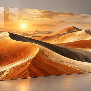 Puede incluir: Un cuadro rectangular de cristal con acabado brillante que muestra un paisaje desértico. La imagen presenta dunas de arena en tonos naranja, dorado y marrón oscuro bajo un cielo de atardecer con nubes suaves y difusas.