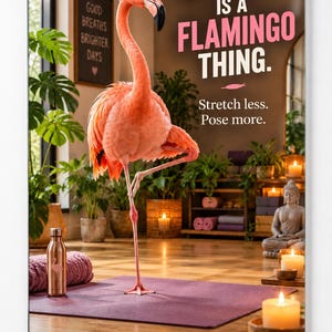 Peut inclure: Un miroir mural rectangulaire représentant un flamant rose debout sur une patte sur un tapis de yoga violet. Le texte indique : BALANCE IS A FLAMINGO THING. Stretch less. Pose more. L'arrière-plan montre une pièce avec des plantes, des bougies et une statue.