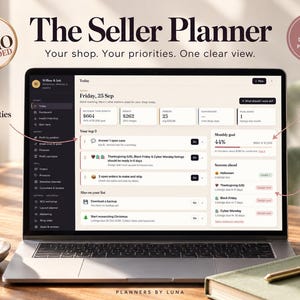 Puede incluir: Un planificador digital mostrado en la pantalla de un portátil titulado The Seller Planner. La interfaz muestra un panel con ingresos, pedidos, las 3 principales prioridades, el progreso de objetivos mensuales y recordatorios estacionales.