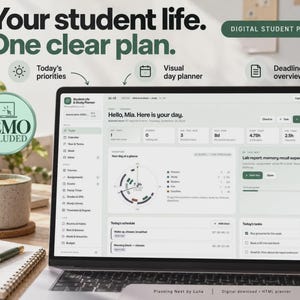 Peut inclure: Un écran d'ordinateur portable affichant une interface de planificateur étudiant numérique avec des sections pour les priorités du jour, un planning visuel et un aperçu des échéances. Le tableau de bord inclut un graphique circulaire.