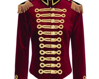 Veste militaire en velours rouge, bleu et noir | Veste de fanfare de hussards | Blazer de cérémonie d'officier