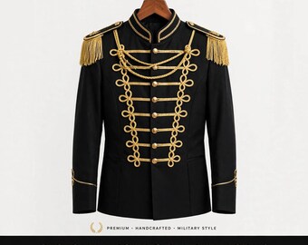 Black Velvet Drum Major Coat | Marching Band Uniform | Royal Military Jacket with Gold Braid & Crown Buttons | Custom Made