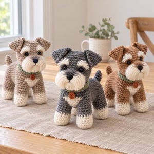 Könnte beinhalten: Drei gehäkelte Hundefiguren stehen in einer Reihe. Die Hunde sind aus hellbraunem, dunkelgrauem und mittelbraunem Garn gefertigt und haben jeweils eine weiße Schnauze, weiße Pfoten, ein grünes Halsband mit kleiner brauner Plakette und schwarze Augen.