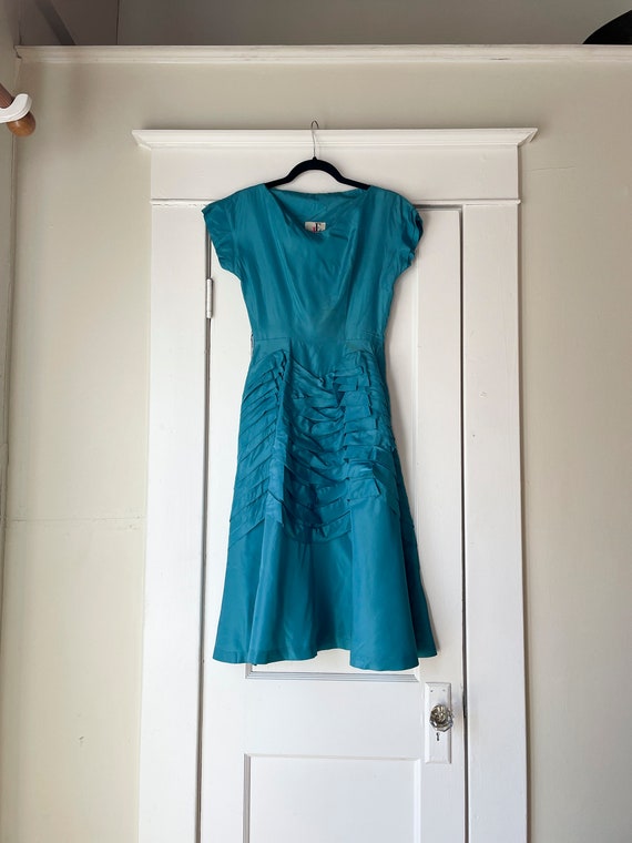 1950s A Line Cocktail Dress Ruffle Turquoise Small