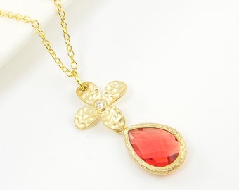 Coral Pendant Necklace, Gold Flower Necklace, Coral Teardrop Necklace, Coral Gold Drop Necklace with 16, 18  or 20 Inch Chain |CJ1-6