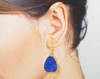 Blue Agate Druzy Earrings Gold Dipped Druzy Teardrop Earrings Small Drusey Earrings Ocean Agate Druzy Heart Druzy Goldfill