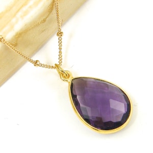 Amethyst Gemstone Clip on Earrings Gold, Purple Stone Teardrop Dangle Earrings, Gift for Her, Drop February Birthstone Birthday Gift EB7-26 image 8