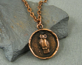 Owl Pendant Necklace, Copper Owl Necklace, Bird Medallion Necklace, Owl Charm Necklace |NU4-3