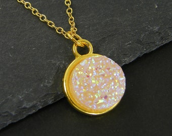 White Druzy Necklace, Glittery Beige Pink Blue Gold Faux Drusy Gemstone Pendant Necklace |NB3-36