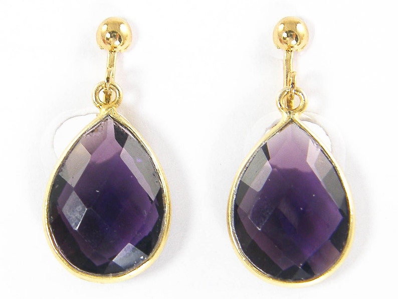 Amethyst Gemstone Clip on Earrings Gold, Purple Stone Teardrop Dangle Earrings, Gift for Her, Drop February Birthstone Birthday Gift EB7-26 image 3