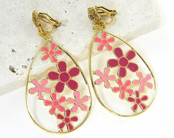 Pink Flower Clip on Earrings, Large Pink Red Gold Teardrop Clip Earrings, Mod 60's Style Floral Dangle Clip on Earrings |EB3-51