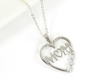 Sterling Silver Mom Heart Necklace, Mother Crystal Heart Necklace, Mother's Day Birthday Gift |NT1-17