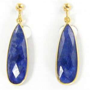 Sapphire Clip on Earrings, Blue Gemstone Gold Long Teardrop Dangle, September Birthstone, Long Sapphire Drop Clipon Earrings EB7-9 image 2