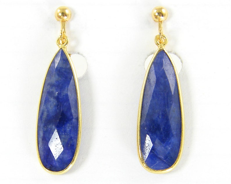 Sapphire Clip on Earrings, Blue Gemstone Gold Long Teardrop Dangle, September Birthstone, Long Sapphire Drop Clipon Earrings EB7-9 image 2