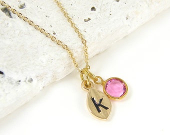 Custom Pink Necklace for October Birthday Gifts, Pink Crystal Pendant Necklace with Custom Gold Initial Birthstone Charm Jewelry