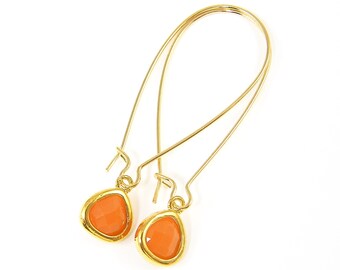 Long Orange Earrings, Teardrop Drop Pumpkin Tangerine Gold Frame Dangle Minimalist Jewelry |EB1-45