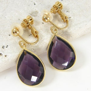 Amethyst Gemstone Clip on Earrings Gold, Purple Stone Teardrop Dangle Earrings, Gift for Her, Drop February Birthstone Birthday Gift EB7-26 image 2