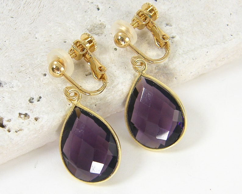 Amethyst Gemstone Clip on Earrings Gold, Purple Stone Teardrop Dangle Earrings, Gift for Her, Drop February Birthstone Birthday Gift EB7-26 image 2