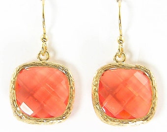 Coral Drop Earrings, Coral Gold Earrings, Coral Crystal Earrings, Faceted Stone Gold Dangle Pierced Earrings |CJ1-14