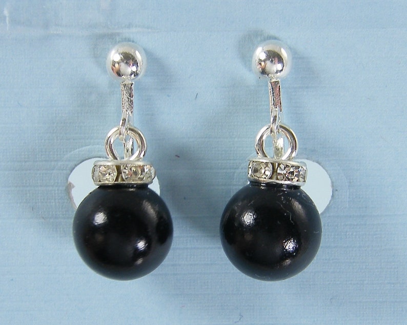 Black Pearl Clip on Earrings, Black Tie Pearl Short Rhinestone Dangle Clipon, Formal Dressy Wedding Bridesmaid Screw Back EB7-10 image 2