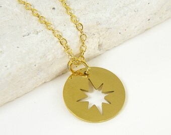 Gold Star Necklace, Small Celestial Necklace, Starburst Sun Sunburst Minimalist Pendant Charm |NB3-25