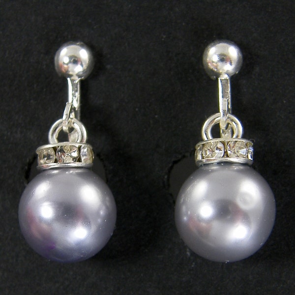 Gray Pearl Clip on Earrings, Silver Pearl Short Rhinestone Dangle Clipon, Formal Dressy Wedding Bridesmaid Screw Back |EB7-11