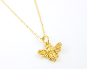 Tiny Bee Necklace, Gold Bumblebee Necklace, Gold Pewter Bumble Bee Charm Jewelry Gold Gift for Her on Gold Chain |NG1-8