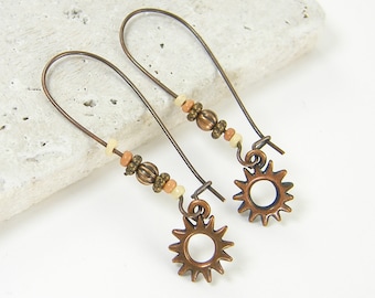 Long Copper Earrings, Neutral Tones Copper Sun Earthy Rust Beige Celestial Dangle Drop Beaded Earrings |EB2-32