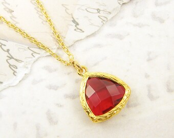 Red Gold Pendant Necklace, Ruby Red Charm Necklace, Ruby Red Pendant 18 or 20 Inch Gold Chain July Birthstone July Birthday Gift |RJ1-13