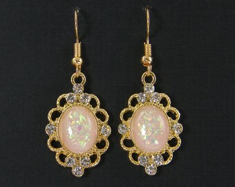 Dressy Pink Dangle Earrings, Ornate Pale Light Pink Rhinestone Gold Filigree Short Pink Lover's PIERCED Earrings |EB2-76