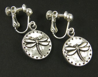 Dragonfly Clip on Earrings, Silver Insect Clip Earrings, Wildlife Nature Animal Jewelry with Screw Back |EB2-18