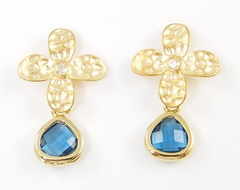 Blue Zircon Teardrop Earrings Small Blue Rhinestone Gold Flower Drop Earrings, Tiny Blue Drop Pierced Earrings |BJ1-6