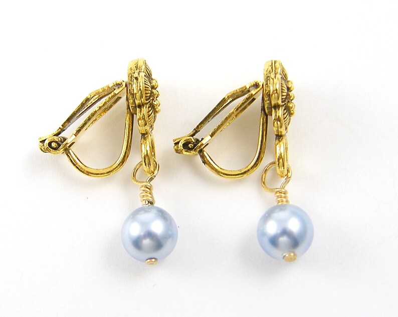 Blue Clip on Earrings Light Blue Pearl Earring Drop Gold Etsy