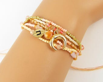 Personalized Peach Boho Bracelet, Peach Bead Bracelet, Multistrand Adjustable Bracelet Macrame Closure Bracelet |BB2-20