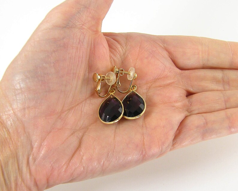 Amethyst Gemstone Clip on Earrings Gold, Purple Stone Teardrop Dangle Earrings, Gift for Her, Drop February Birthstone Birthday Gift EB7-26 image 6