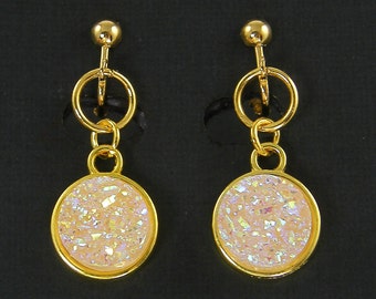 Light Pink Druzy Clip on Earrings, White Gold Crystal Dangle Clip Screw Back Earrings |EB5-29