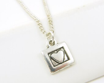 Tiny Heart Necklace - Mini Petite Antique Silver Heart in Square Charm Pendant Sweetheart Gift for Daughter Girl Jewelry |SJ1-7