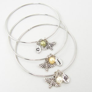 Bee Bracelet, Personalized Silver Bee Bangle, Initial Bracelet, Pearl Bracelet 2733 image 1