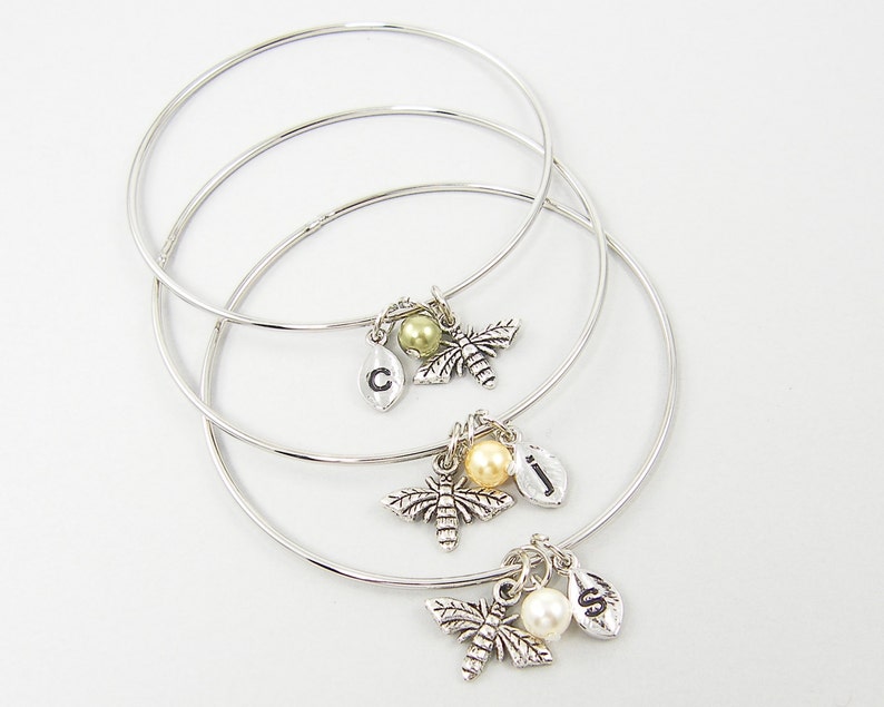 Bee Bracelet, Personalized Silver Bee Bangle, Initial Bracelet, Pearl Bracelet 2733 image 1