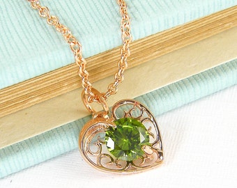 Olive Green Necklace, Peridot Green Filigree Rose Gold Heart Pendant Necklace, August Birthstone Birthday Gift |NB4-16