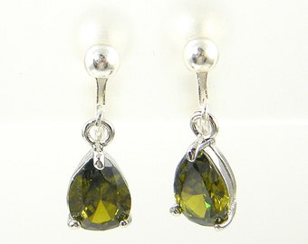 Small Peridot Green Clip on Earrings Silver Olive Green Crystal CZ Cubic Zirconia Teardrop Dangle Clip Earrings with Screw Back |EB10-14