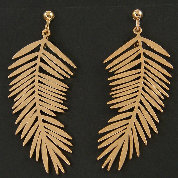 Long Gold Leaf Clip on Earrings, Graceful Delicate Leaves, Botanical Fern Frond Clip Screw Back Earrings |EB7-2
