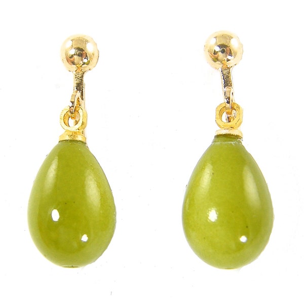 Olive Green Clip on Earrings, Short Yellow Green Teardrop Dangle Clip Earrings |EB4-27