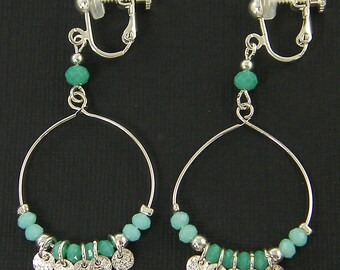 Boho Dainty Aqua Clip on Earrings, Delicate Mint Green Teal Bead Silver Hoop Dangle Clip Earrings |EB4-21